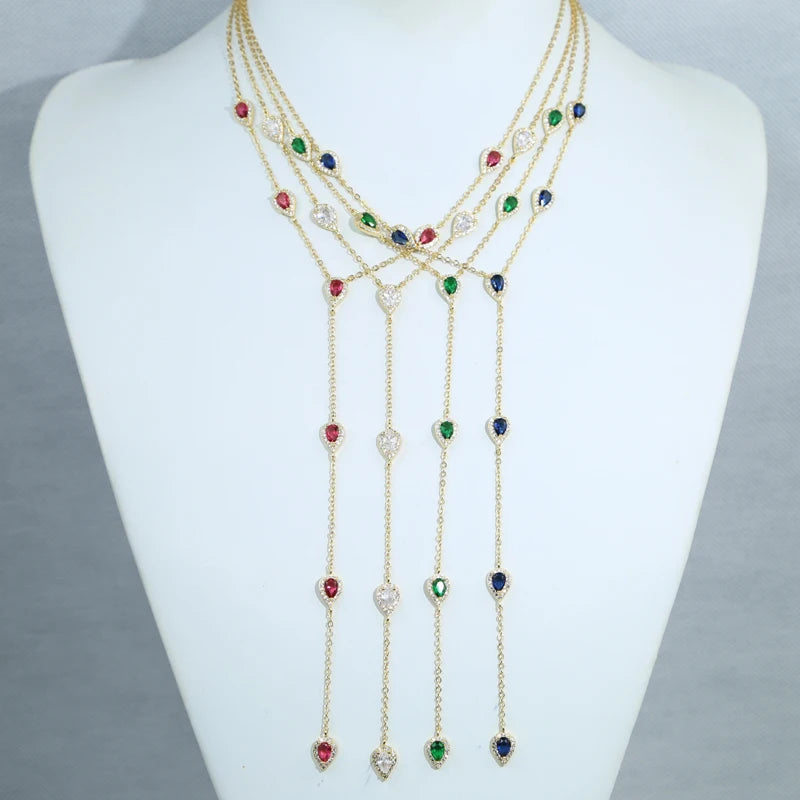 2023 Gold Plated Y Lariat Necklace - Colorful CZ Teardrop Pendant Geometric Jewelry for Women