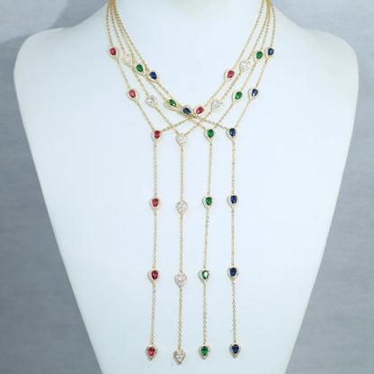 2023 Gold Plated Y Lariat Necklace - Colorful CZ Teardrop Pendant Geometric Jewelry for Women