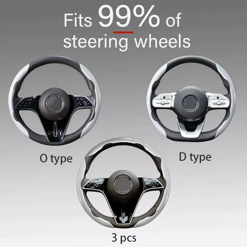 2/3PCS Universal Car Steering Wheel Cover — Laser Carbon Fiber, Silicone & 1K Microfiber Leather, Non-Slip PVC Booster