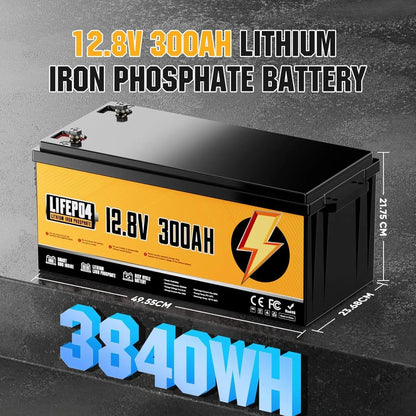 12V 300Ah LiFePO4 Battery with 200A BMS - 3840Wh Lithium Iron Phosphate Battery with Low-Temperature Protection and 15,000 Cycles