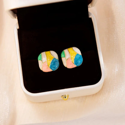 Colorful Square Patchwork Stud Earrings – Romantic Ear Jewelry for Women Christmas Gift