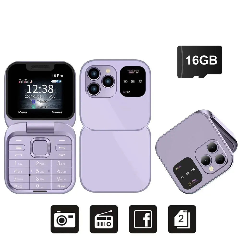 SERVO I16 Pro Mini Fold Mobile Phone — Dual SIM 2G GSM Flip Cellphone with Speed Dial, FM, 3.5mm Jack & Video Player