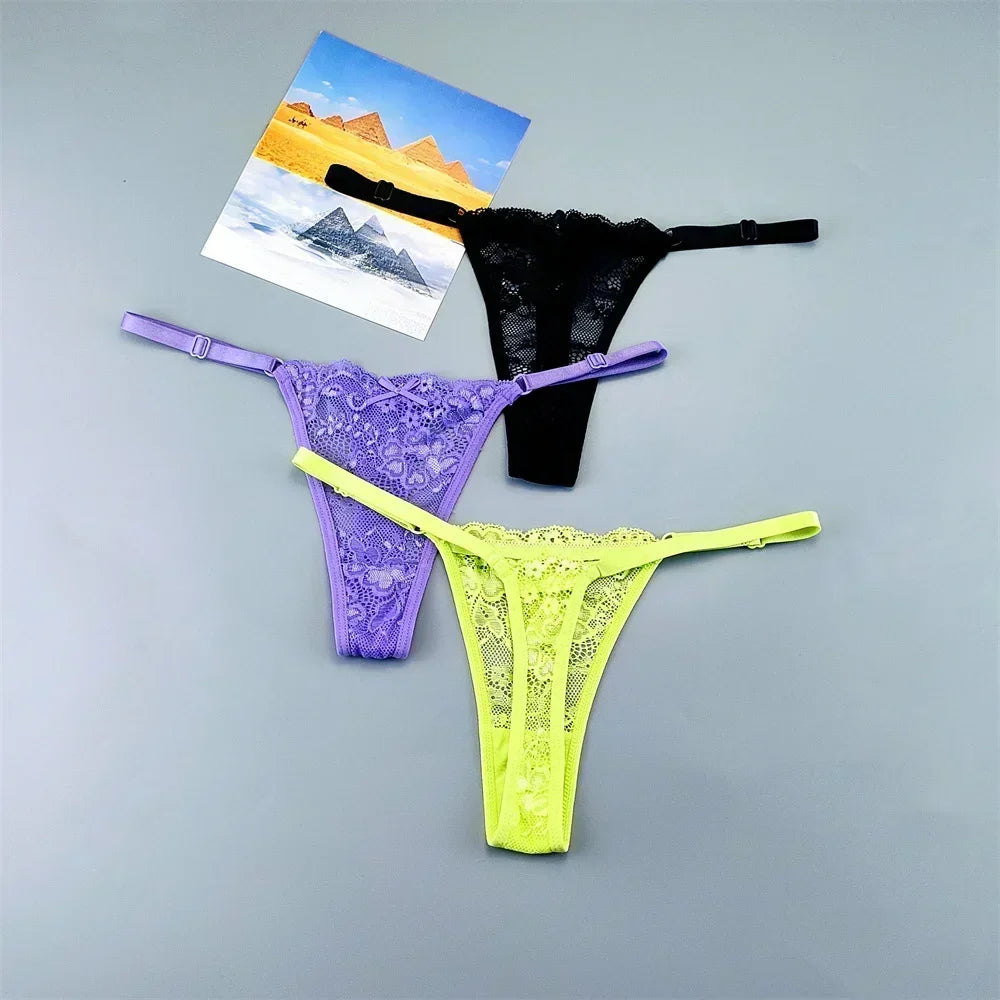 Women's Transparent Lace Thong Set - 3PCS Adjustable Low Waist Sexy T-Back Underwear