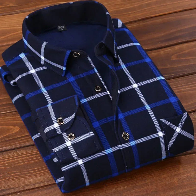 Men's Winter Plaid Flannel Shirt - Thick Fleece-Lined Long Sleeve Warm Casual Dress Shirt