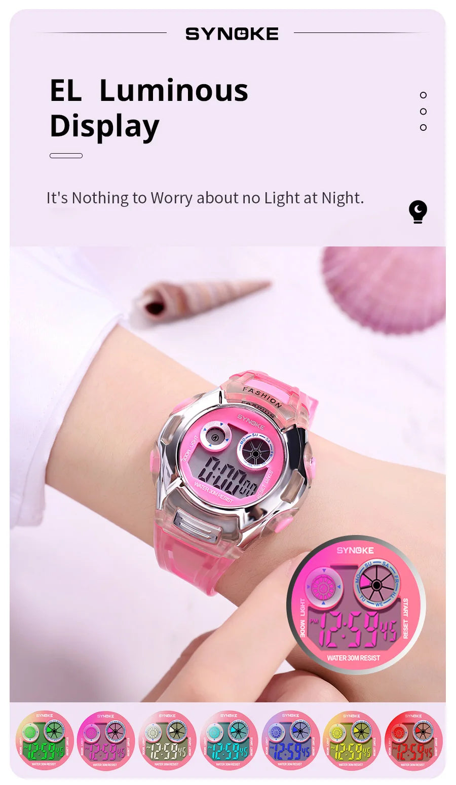 SYNOKE Student Electronic Watch - Waterproof Sports Watch for Children, Glow Multi-Function Digital Watch with 7 Colors Light, Perfect Gift