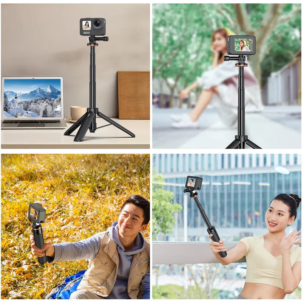Aluminum Extendable Selfie Stick Tripod – Mini Portable Vlog Tripod for GoPro Hero 12-6, Osmo Action, Insta360 One R & X3