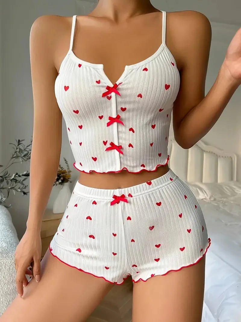 Women’s Heart Print Pajama Set – Soft Ribbed Cami Top & Shorts Sleepwear with Frill Trim Casual Loungewear Set
