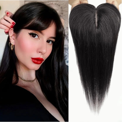 Ombre Brown Blonde Remy Human Hair Topper – 14 Inch Silk Base Clip-In Wig with Bangs for Women