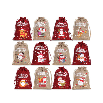 12PCS Christmas Drawstring Gift Bags – Linen Fabric Bags for Advent Calendar, Cookies & Candy Pouches