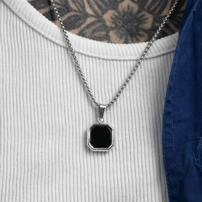 Casual Black Enamel Necklace for Men, Waterproof Stainless Steel Square Pendant, Simple Fashion Collar Jewelry Gift