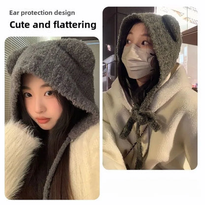 Bear Ear Knitted Winter Hat - Warm Lace-Up Ear Protection Cap for Women