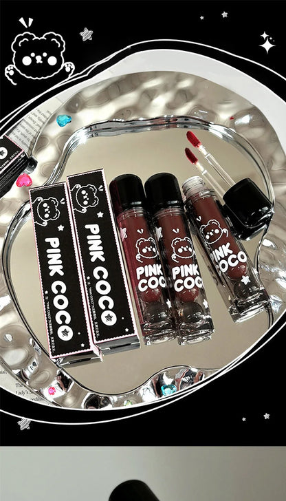 PINKCOCO Bear Doodle Mirror Lip Glaze – Long-Lasting Shiny Nude Lip Gloss, Skin-Brightening Student-Friendly Lipstick