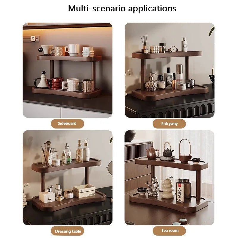 2-Tier Bamboo Makeup & Cup Organizer – Wooden Vanity Rack for Coffee Mugs, Counter & Kitchen Storage