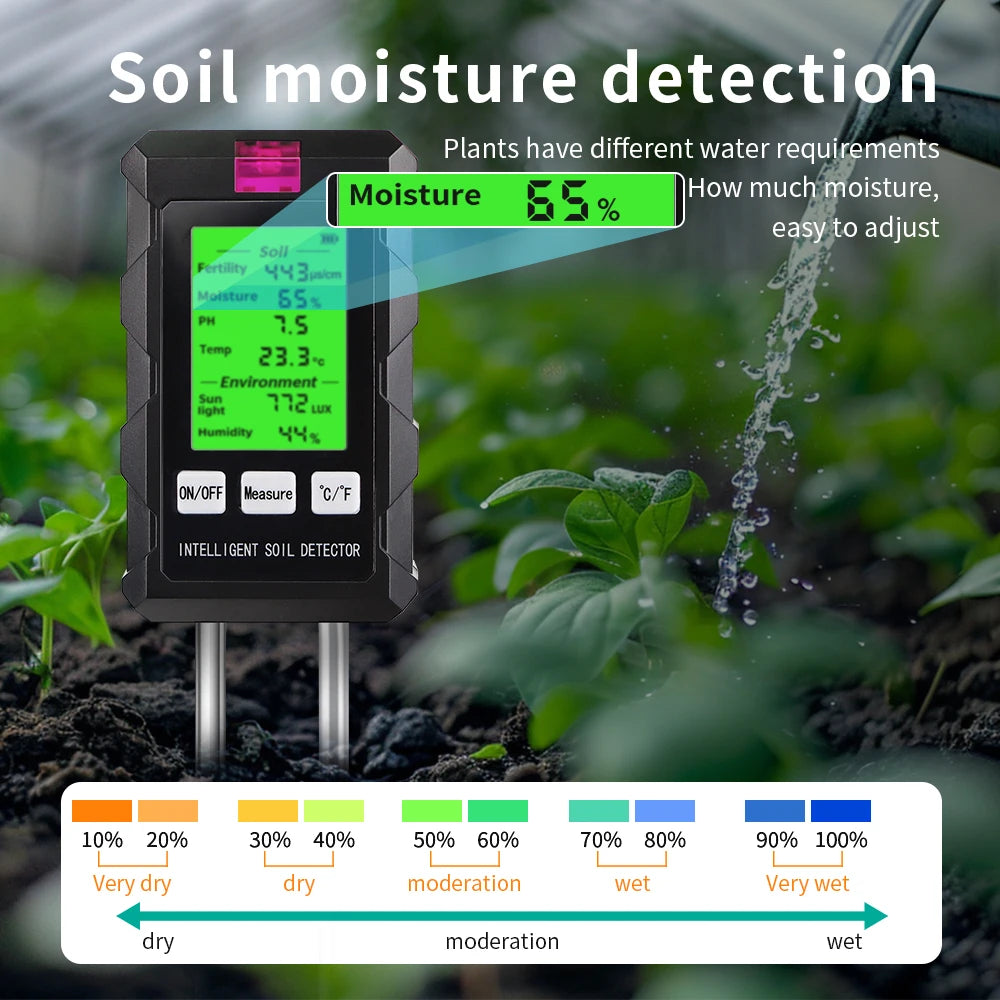6 in 1 Soil Tester - pH, Temperature, Humidity, Sunlight, Air, Moisture & Nutrient Fertility Meter for Gardening