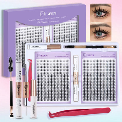 DIY Eyelash Extension Kit – Cluster Mix Eyelashes Set with Lash Bond & Seal, Tweezers & Brush for Full Lash Look