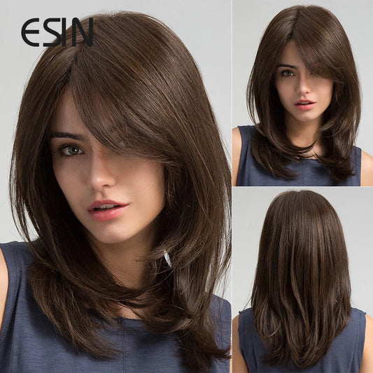 ESIN Synthetic Dark Brown Wig for Women - Long Wavy Wig with Bangs, Heat Resistant for Party & Daily Use