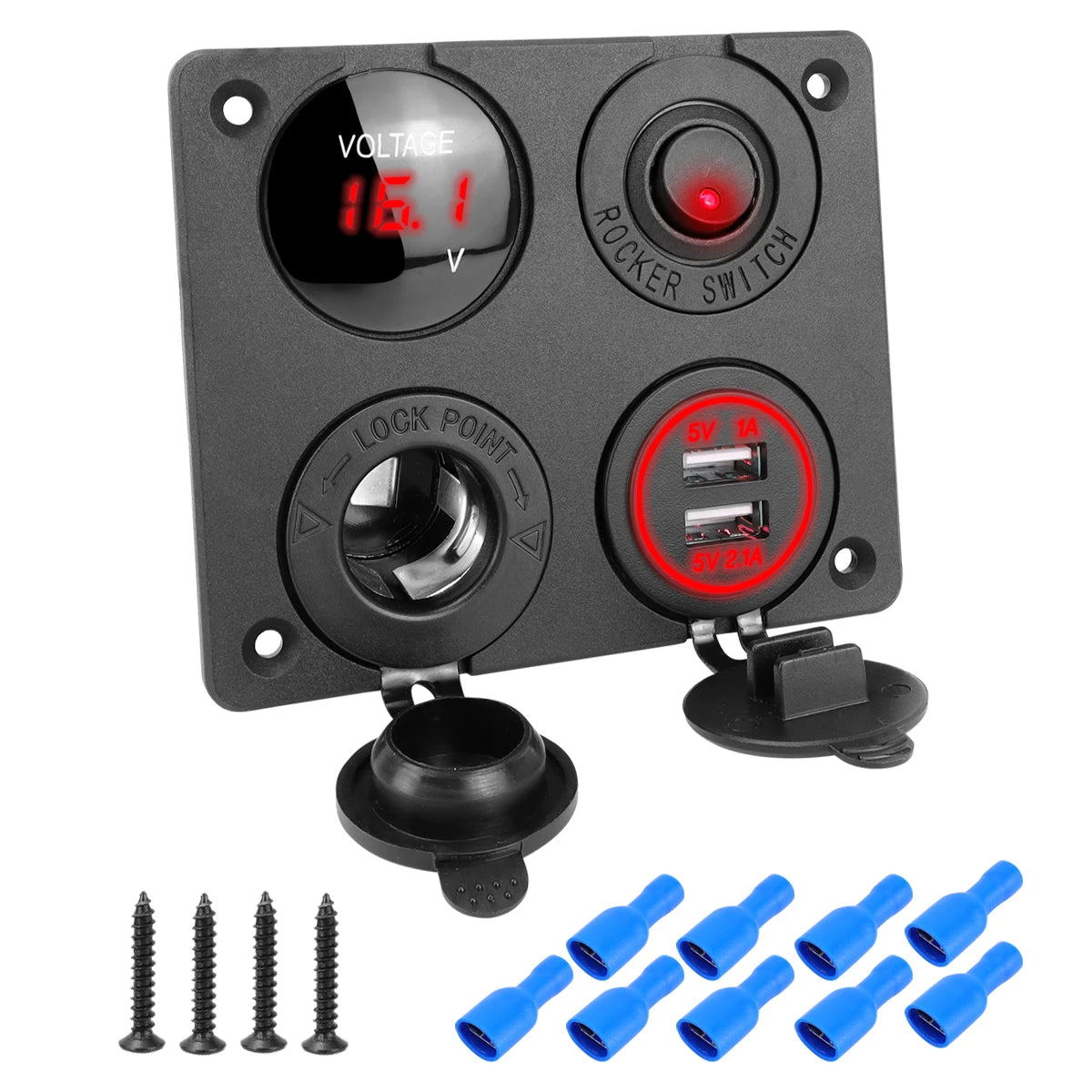 4-in-1 12V/24V Dual USB Power Adapter Panel 3.1A with LED Voltmeter & Rocker Switch for Car, RV, Truck & Marine Use