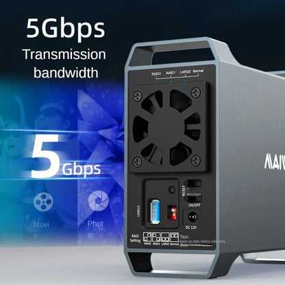 MAIWO 3.5 Inch Dual Bay External Hard Drive Enclosure – SATA Disk Array with 4 RAID Functions for 3.5 Inch HDD