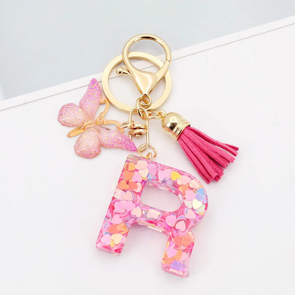 A-Z Letter Acrylic Keychain - Pink Butterfly Tassel Bag Charm & Key Ring