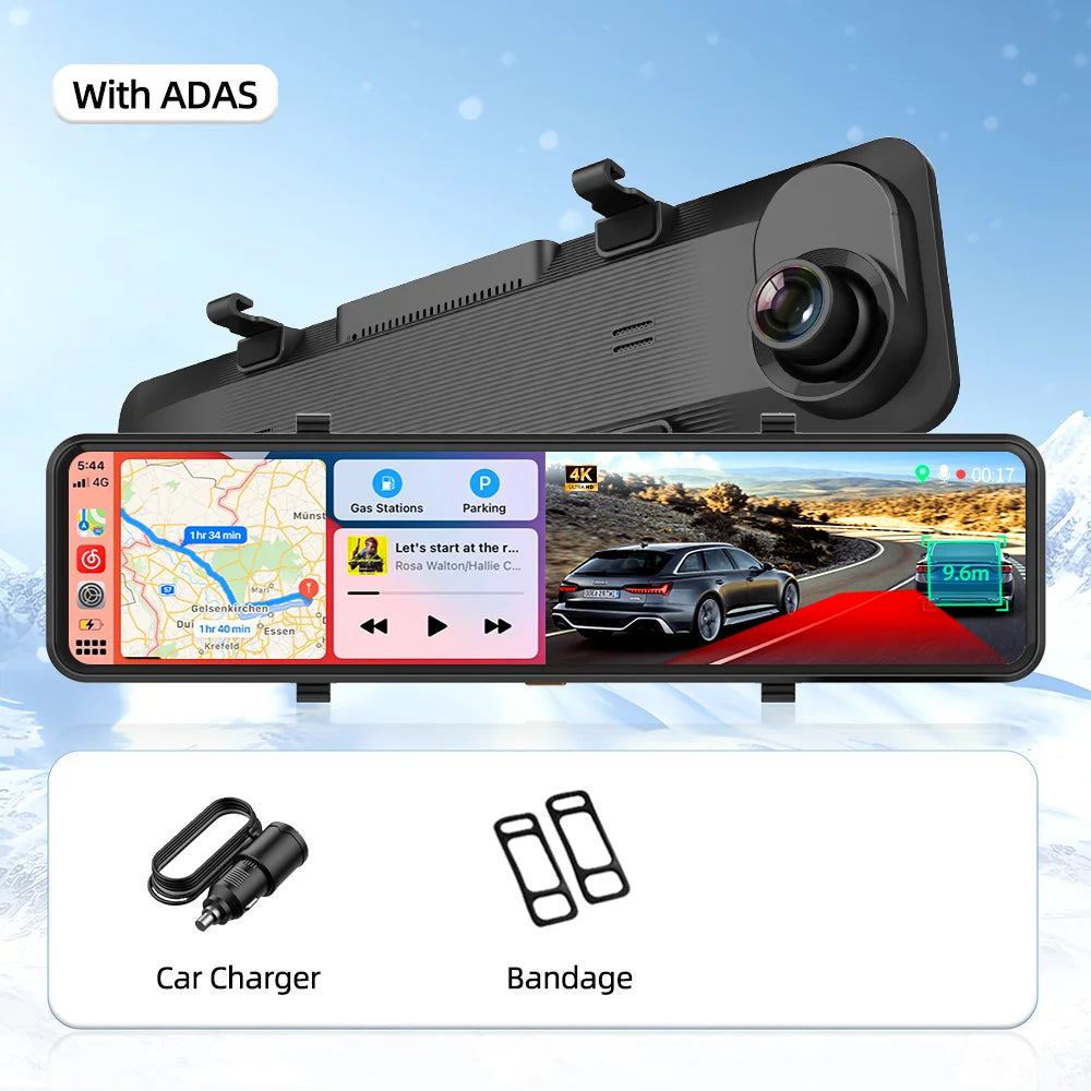 Imagebon 12" 4K Car Mirror – Wireless CarPlay, Android Auto, ADAS, Rearview Camera, GPS, FM, Night Vision Video Recorder