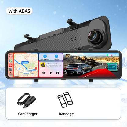 Imagebon 12" 4K Car Mirror – Wireless CarPlay, Android Auto, ADAS, Rearview Camera, GPS, FM, Night Vision Video Recorder
