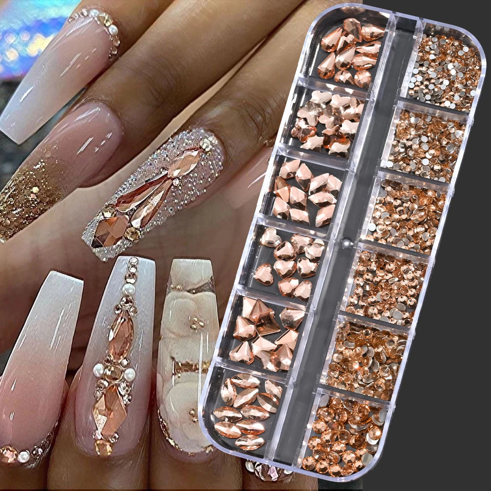 12-Grid Mixed Nail Rhinestones SS6-SS30 – Shiny Flat-Back Gems in Clear, Gold, Pink & Blue for Nail Art Decoration