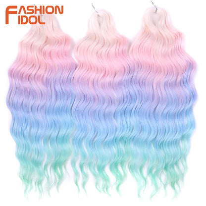 FASHION IDOL 24" Deep Wave Crochet Hair - 3-Piece Synthetic Water Wave Braiding Extensions, Ombre Rainbow Twist Hair