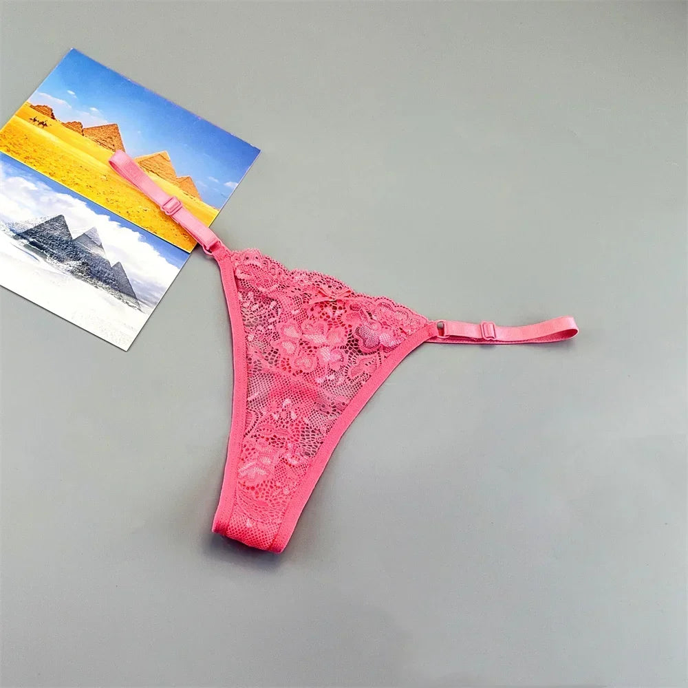 Women's Transparent Lace Thong Set - 3PCS Adjustable Low Waist Sexy T-Back Underwear