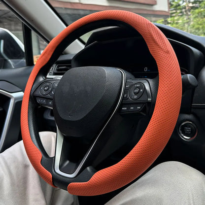 Universal Leather Steering Wheel Cover - Non-Slip Breathable Protector for 36-38cm Car Steering Wheels