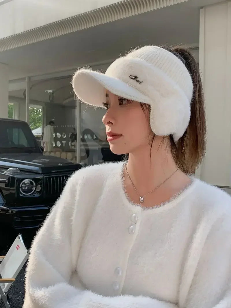 Winter Hats for Women 2023 – Fashionable Knitted Earflap Baseball Cap, Windproof Ponytail Visor for Outdoor Sports