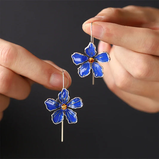 Retro Blue Oil Drop Earrings - European Style Long Hook Holiday Jewelry for Women