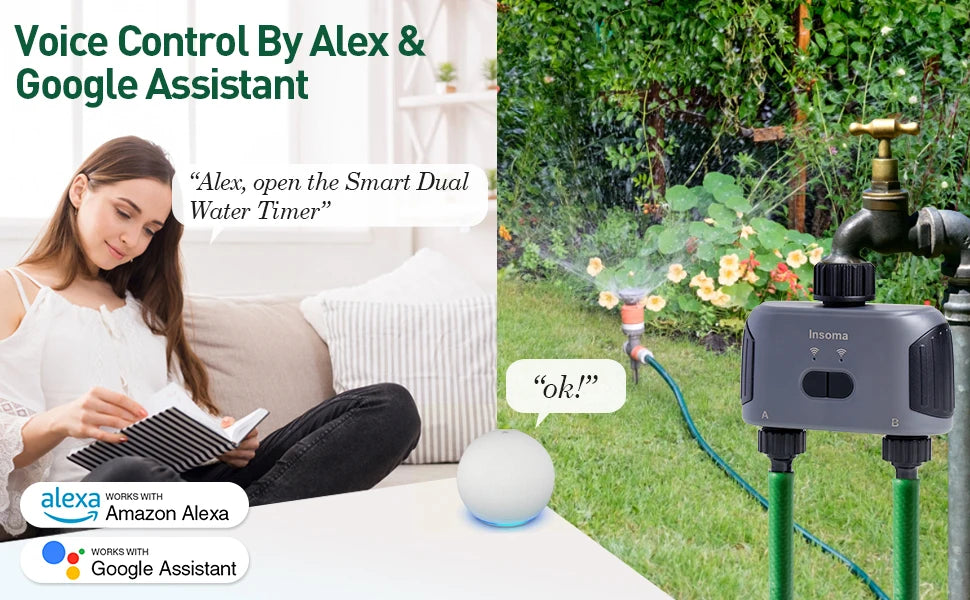 Insoma Automatic Water Timer with WiFi Hub – 2-Outlet Garden Irrigation Sprinkler System, Alexa Compatible