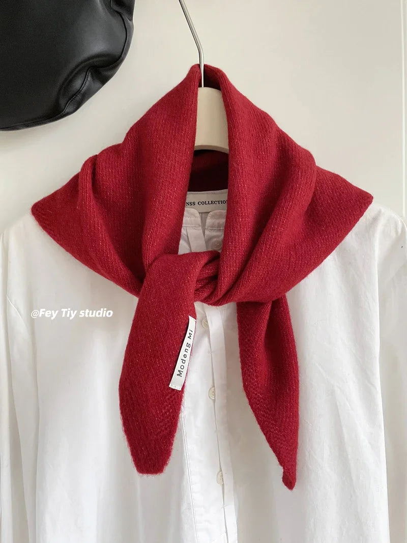 British Korean Style Wool Knitted Triangular Scarf – Multi-Functional Headscarf, Warm Knit Scarf for Women