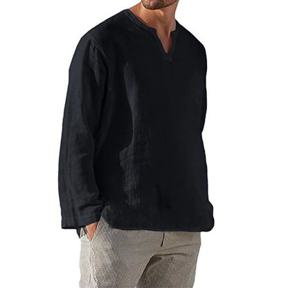 Men's Cotton Linen Shirt — Cozy Solid Color Long Sleeve V-Neck Casual Hawaiian Top, Lightweight & Breathable