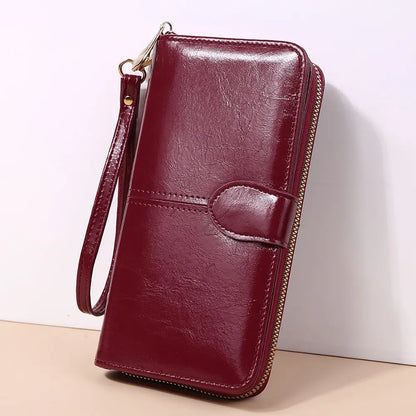Women’s Vintage PU Leather Clutch Wallet — Large Capacity Phone Purse with Wristband, Simple Card Holder Pouch Bag