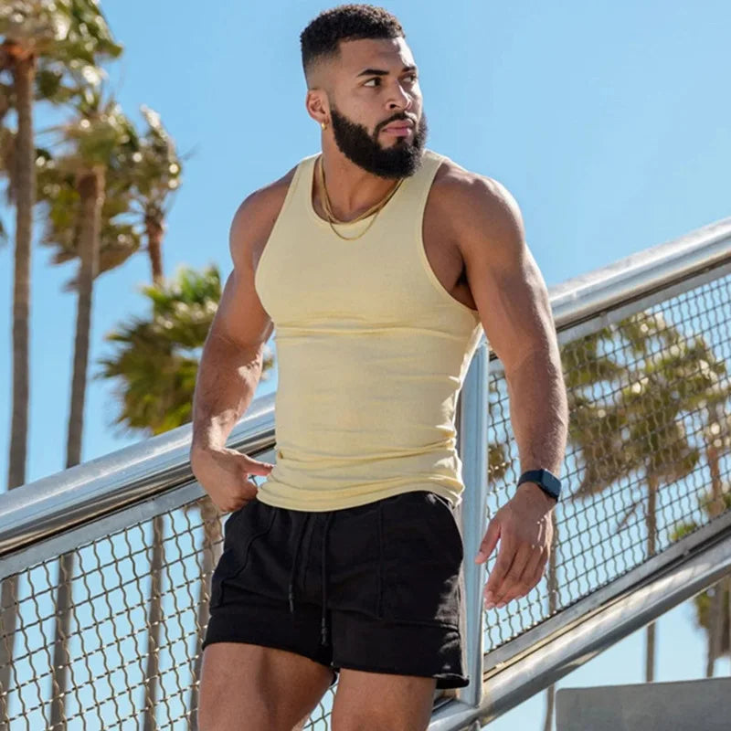 Men's Ice Silk Ribbed Muscle Vest - Slim Fit Knit Sports Tank Top for Spring Summer Fitness & Casual Wear