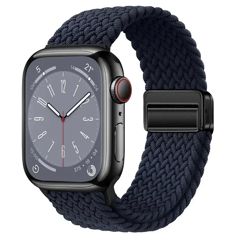 Nylon Braided Loop Apple Watch Band – Magnetic Metal Bracelet Strap for Ultra 2, Series 3–9 & SE (40mm–49mm) Adjustable Wristband