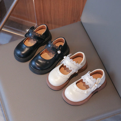 Girls Soft Leather Shoes - Beige Single Shoes with Flexible Bottom, Sizes 23-36