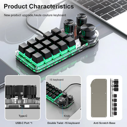 15-Key RGB Mechanical Macro Keyboard — Custom Programmable Hotswap Macropad with 3 Knobs for Photoshop & Gaming