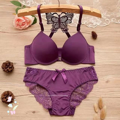 Women Butterfly Front Buckle Bra & Brief Set – Detachable Double Strap Sexy Sheer Lingerie Romantic Underwear Set