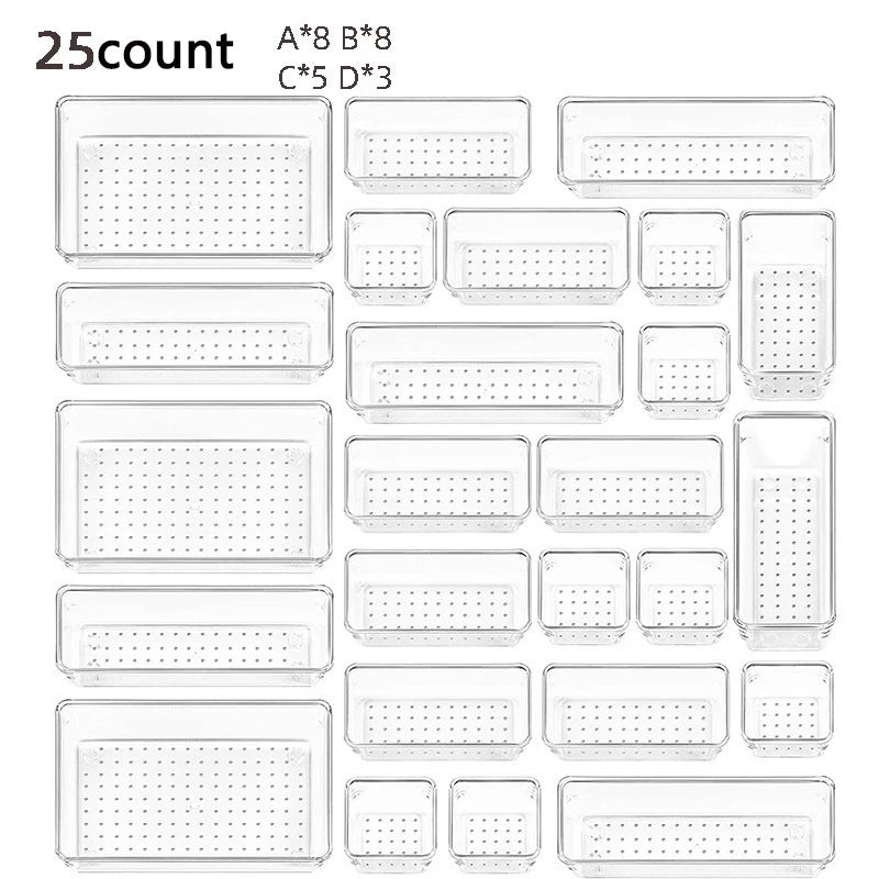 28PCS Clear Drawer Organizer Set - Multi-Size Storage Trays for Bathroom Vanity Kitchen & Bedroom