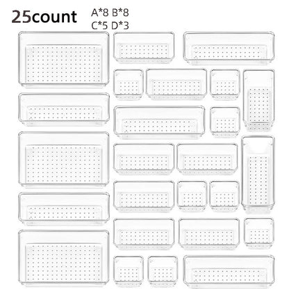 28PCS Clear Drawer Organizer Set - Multi-Size Storage Trays for Bathroom Vanity Kitchen & Bedroom