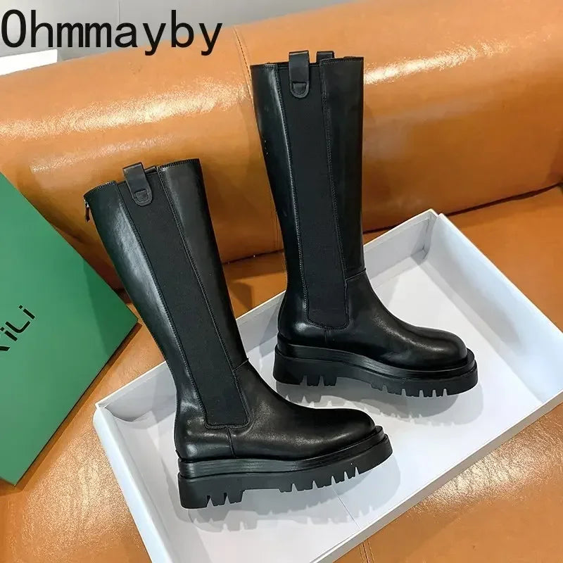 Platform Women's Knight Long Boots – Fashionable Warm Fur Knee-High Booties with Square Heels for Autumn & Winter