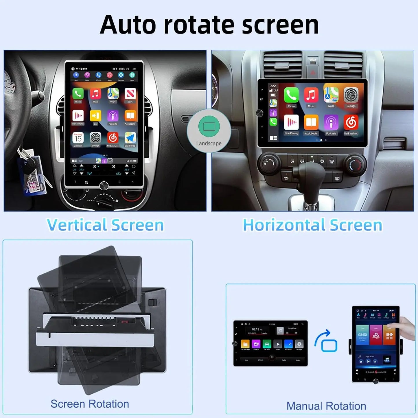 10 Inch Android 15 Car Stereo - Universal Double DIN Rotatable Touchscreen with Wireless CarPlay, GPS, Bluetooth, WiFi & Backup Camera Support
