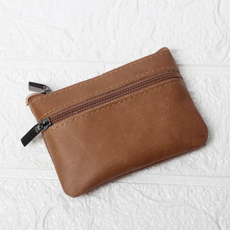 Leather Mini Coin Purse – Unisex Retro Handmade Cowhide Small Wallet with Zipper & Key Case