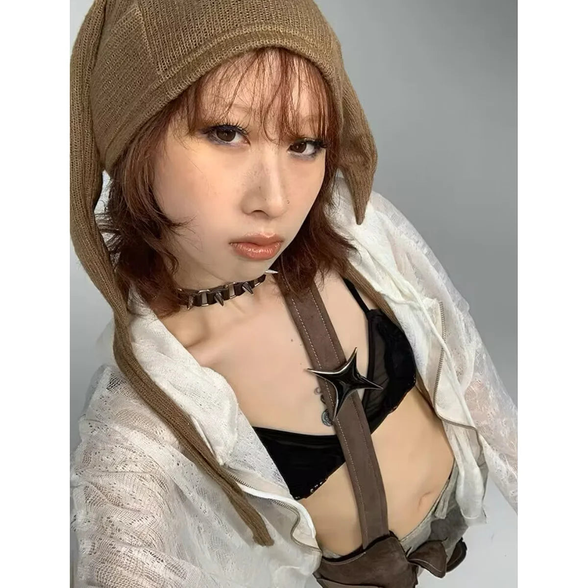 Riveted Leather Necklace – Gothic Style Punk Collarbone Chain, Black Halloween Neck Jewelry Accessory for Women