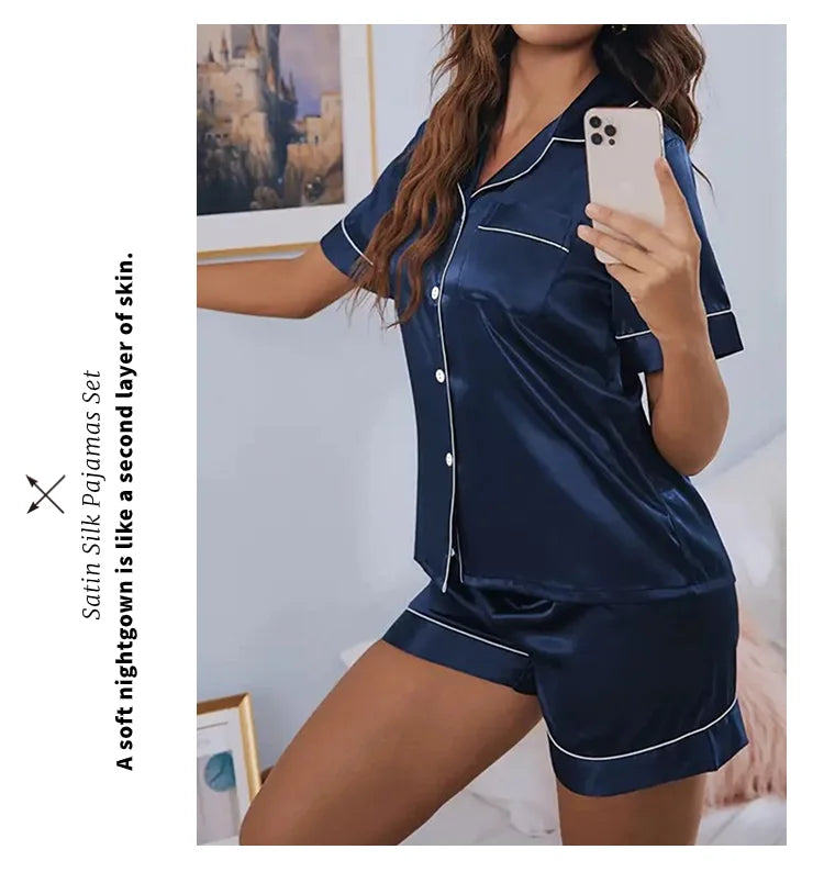 Women's Satin Pajamas Set – Summer Two-Piece Sleepwear with Button-Down Top and Shorts, Comfortable Nightwear Loungewear