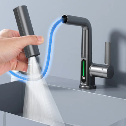 Waterfall Temperature Digital Display Basin Faucet | Lift Up Down Stream Sprayer | Hot Cold Water Sink Mixer Wash Tap | Bathroom Fixture