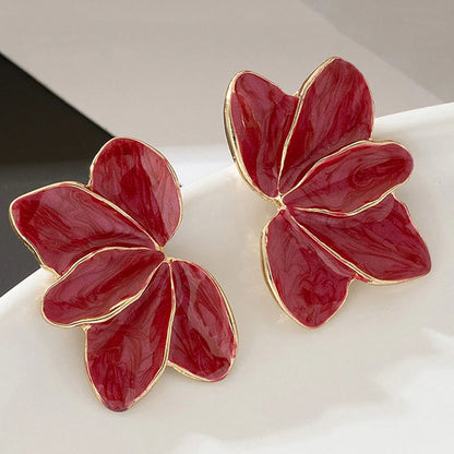 Metal Flower Red Enamel Petal Post Earrings — Trendy Fashion Jewelry for Women, Daily & Holiday Accessories MQ478