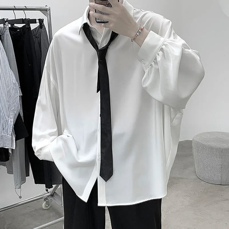 Men’s  Oversized Shirt - Loose Fit Long Sleeve Casual Black Tie Breathable Harajuku Top
